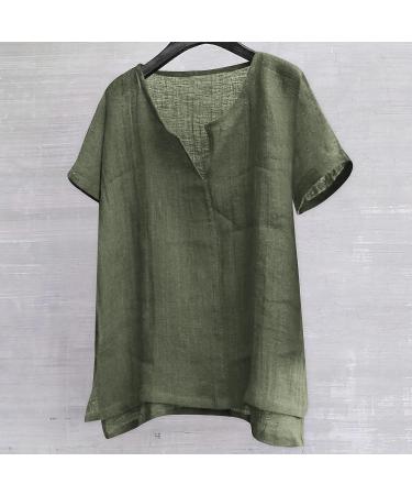 Women's Breathable Cotton Linen V Neck Top | Loose Fit Summer Blouse - E-Army Green | 3/4 Sleeve, Plus Size 3XL - Buy Online on GoSupps.com
