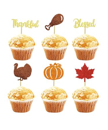 EOQPDECD 12 Pcs Happy Thanksgiving Day Cupcake Toppers Glitter Fall Maple Leaves Pumpkin Turkey Grateful Thankful Cupcake Decors for Thanksgiving Theme Party Birthday Cake Decors Supplies