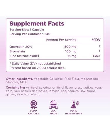 Advanced Zinc Quercetin with Bromelain Formula - Triple Immune Support Quercetin Complex for Daily and Seasonal Immune System Wellness Support - Made in a cGMP American Facility (Single) 240 Count (Pack of 1) - Buy Online on GoSupps.com