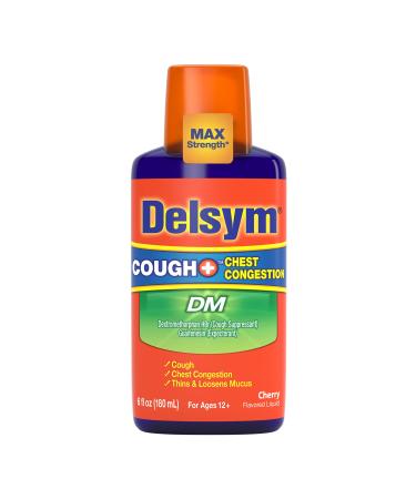 Max Strength Delsym Cough Plus Chest Congestion DM Liquid Cherry Flavor 6 fl. oz. Relieves Cough Chest Congestion and Thins & Loosens Mucus 6 Fl Oz (Pack of 1)