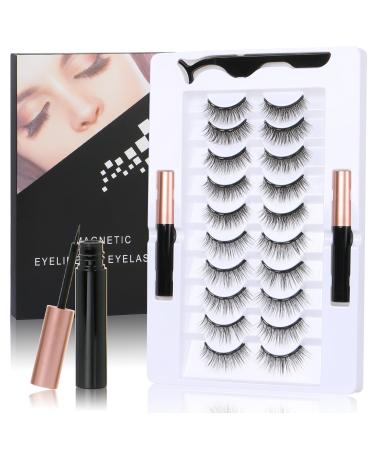 TFHAllOSTYLE 3D Magnetic Eyelashes with Eyeliner Kit 2 Tubes of Magnetic Eyeliner Nature Look No Glue & Tweezers 10 Pairs Natural Wispy Fluffy 3D Effect False Eyelashes (101)