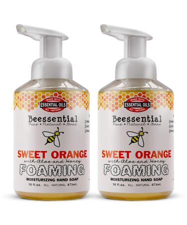 Beessential All Natural Foaming Hand Soap, Sweet Orange, 16 Fl oz 2 Pack | Essential Oils, Made with Moisturizing Aloe & Honey, Made in the USA