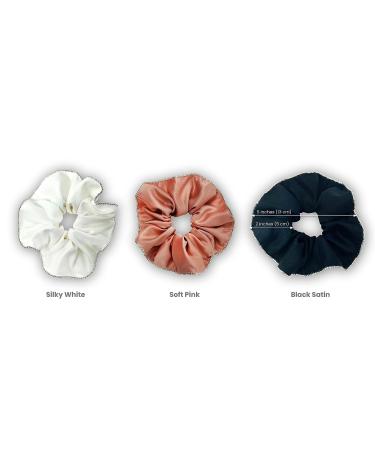 Josei 3pc Pure Silk Hair Scrunchies Set in Black, White & Pink with Rhinestones - Elastic Hair Bands for Women & Girls - Buy Online on GoSupps.com