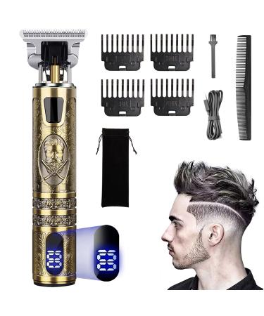 Electric Beard Trimmer Mens Hair Clippers Cordless with LCD Screen Sharp Titanium Precision T Blade Trimmer for Men USB Rechargeable Hair Trimmer Clippers for Men Haircut for Families and Barber Golden-led