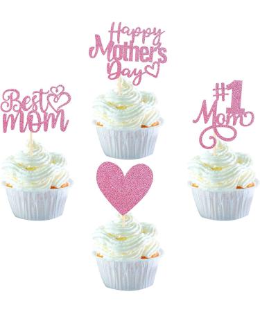 Pack of 24 Happy Mother's Day Cupcake Toppers Glitter Number 1 Mother Love Heart Cupcake Picks Best Mum Cake Decorations for Women Birthday Happy Mother's Day Theme Party Supplies Pink Pink 2