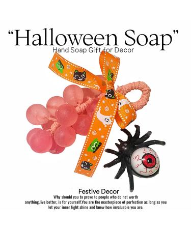 Pink Crystal Grape Handmade Soap Halloween Decoration Set with Pumpkin Ribbon & Spooky Accessory (Spider Carrying Red Eyeball) - Festive Halloween Hand Soap Gift for Bathroom Decor - Buy Online on GoSupps.com