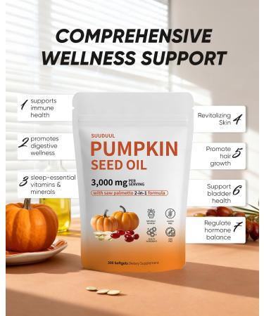 Pumpkin Seed Oil Capsules | 300 Softgels Pumpkin Seed Oil 2 in 1 with Saw Palmetto | Hair Growth&Shedding Reduction | Plant-Based Formula for Hormonal Balance, Bladder Comfort & Restful Sleep - Buy Online on GoSupps.com