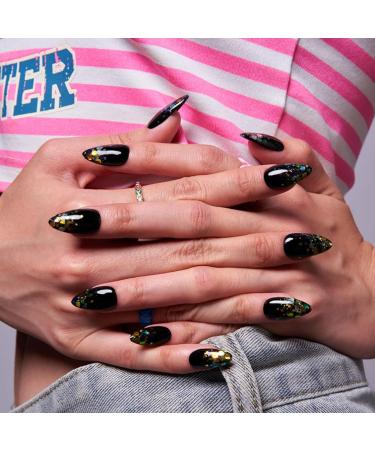 GLAMERMAID Medium Almond Press on Nails - Handmade Black Glitter False Nails with French Tips | Reusable Gel Glue Manicure Set for Women | International Shipping Available - Buy Online on GoSupps.com