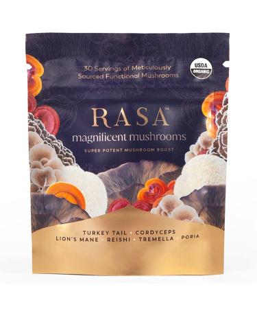 Rasa Magnificent Mushrooms  Organic Extra Potent Mushroom Extract Powder: Reishi Turkey Tail Cordyceps Lion s Mane Tremella and Poria for Immunity & Focus Support (1 oz. / 30 Servings)