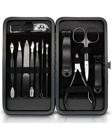 ASH ISLAND Nail Clippers Set - Black Stainless 12 in 1 For Men And Women Manicure Pedicure Travel Kit Luxury Nail File Sharp Nail Scissors Fingernails Toenails with Portable Stylish Case