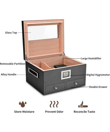 CIGARLOONG Cigar Humidor 35-50 Count Glass Top Large Capacity Cigar Box with Front Hygrometer Humidifier and Accessory Drawer(Black) Carbon Fiber Black - Buy Online on GoSupps.com
