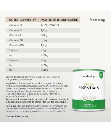 foodspring - Vegan Essentials all-in-one multivitamin complex in 120 highly dosed & gelatin-free capsules - Food supplement preparation with 5 essential vitamins & minerals each - Buy Online on GoSupps.com