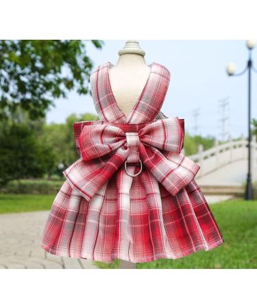 Oyccen Dog Grid Dress Harness & Leash Set - Stylish Bow Tie Princess Pet Clothes for Small Dogs & Cats - Red - Buy Online on GoSupps.com