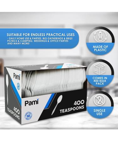 PAMI Medium-Weight Disposable Plastic Teaspoons 400-Pack - White Silverware for Parties, Catering & Takeaway - Sturdy Single-Use Spoons - Buy Online on GoSupps.com