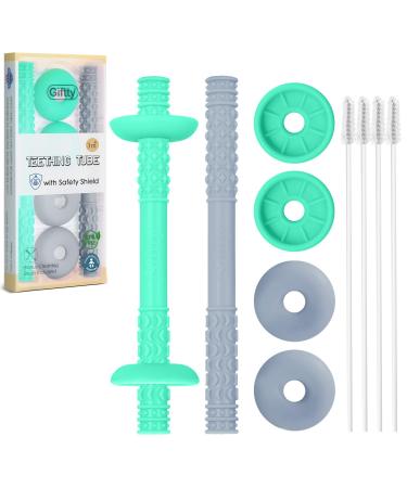 Teething Tube with Safety Shield Baby Hollow Teether Sensory Toys Gum Massager  Food-Grade Silicone for Infant 3-12 Months Boys Girls  1 Pair with 4 Cleaning Brush Included (Emerald+Gray)