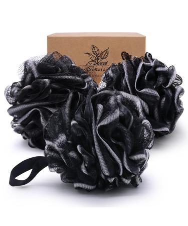 Shower Loofah Sponge Bath puff Large 75g XL for Women Men Kids Soft Mesh Pouf Body Scrubber Gentle Exfoliating shower Ball Buff Luffa with Bamboo Charcoal for Silky and Smooth Skin Cleansing 3pack Black