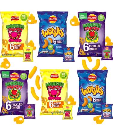 Walkers Wotsits Roast beef Pickled Onion Chips Bags - Crispy Chips Bags - Walkers Chips Mini Mixed Bags (24 x mixed mini bags) 1 count (Pack of 1)