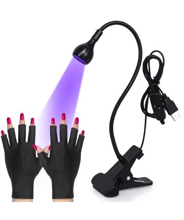 Funfe LED Nail Lamp,3W Nail Dryer with Protection Gloves UV Light for Nails Portable Manicure Dryer Curing Light with Gooseneck and Clamp Adjustable for Salon Nail DIY Home(Black)