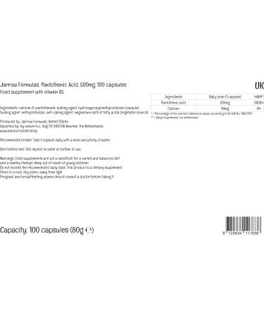 Jarrow Formulas Pantothenic Acid 500mg Vitamin B5 - 100 Vegan Capsules | Lab Tested, Gluten-Free, Non-GMO - Buy Online on GoSupps.com