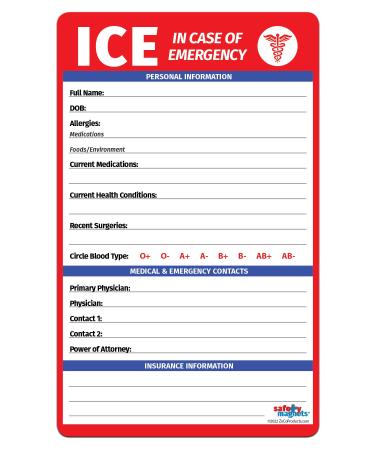 ICE Medical Card for Seniors - in Case of Emergency Fridge Magnet with Marker - Refrigerator Safety Important Phone Numbers Call List for First Responders - 5.25 x 8.5 in. (1 Pack)