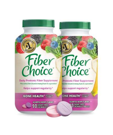 Fiber Choice Bone Health Daily Prebiotic Fiber Chewable Tablets with Calcium & Vitamin D, Assorted Berry, 90 Count (Pack of 2)