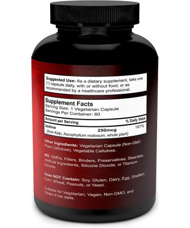 Iodine Supplement 250mcg - Thyroid Support from USA-Grown Sea Kelp - 60 Capsules - Buy Online on GoSupps.com
