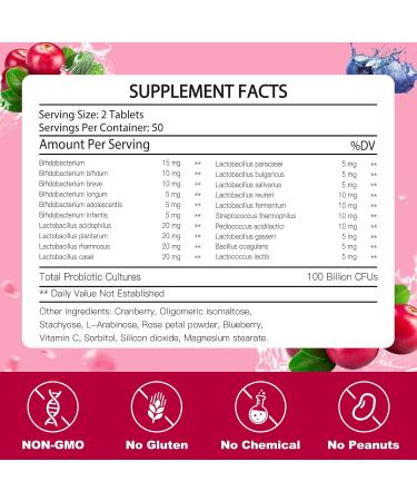 KFG Women's Probiotic 100 Billion CFUs 20 Strains with Organic Prebiotics+Cranberry & D-Mannose for Boost Immune Digestive Gut Vaginal & Urinary Health Gluten Dairy & Soy Free 100 Tablets. - Buy Online on GoSupps.com