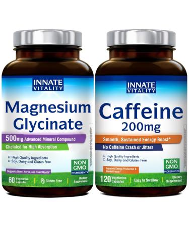 Innate Vitality Magnesium Glycinate and Caffeine Capsules Bundle Non-GMO Dietary Supplements Vegan Capsules