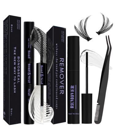 Qiveaory Individual Eyelashes Lash Bond and Seal Kit 3Pcs with Waterproof Mascara Cluster Glue 72 Hours Fixing and Sealing Mascara Remover Eyelash Tweezers