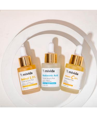 Mivida Facial Serum Set of 3 - Hyaluronic Acid, Retinol 2.5%, Vitamin C 20% | Anti-Aging, Hydrating, Brightening & Firming Serum For Face | Skincare Set | 1 fl oz - Pack of 3 | 0.33 Fl Oz (Pack of 3) - Buy Online on GoSupps.com
