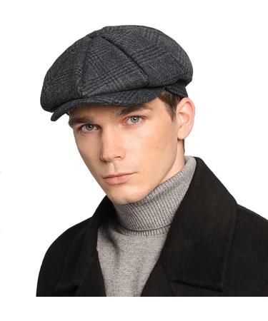 Men's High Woolen Tweed Newsboy Cap - Dark Grey Plaid - Size 7 1/2-7 3/4 - Buy Online on GoSupps.com