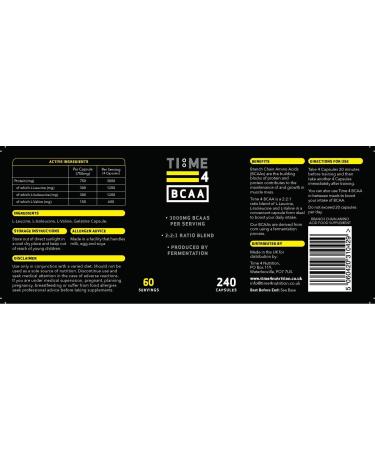 Time 4 BCAA 240 Capsules - High Strength Vegan Branch Chain Amino Acids for Muscle Growth & Energy - Fermentation Process for Tissue Repair - Not Tablets - Buy Online on GoSupps.com