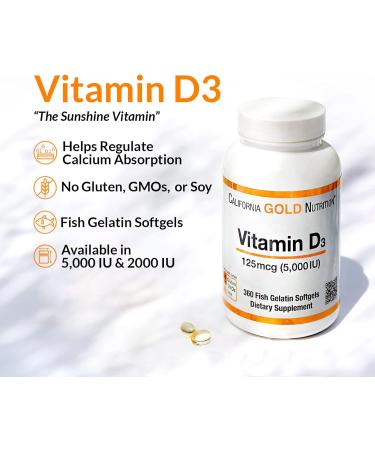 California Gold Nutrition Vitamin D3 5000IU Fish Gelatin Softgels 360 Count - Buy Online on GoSupps.com