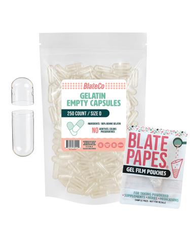 Premium Size 0 Empty Gelatin Capsules 250 Count (Clear) with Blate Papes Gel Film Pouches - New Non-GMO Fillable Pill Caps in a Resealable Bag - Nothing Artificial Ever. 1 Count (Pack of 250)