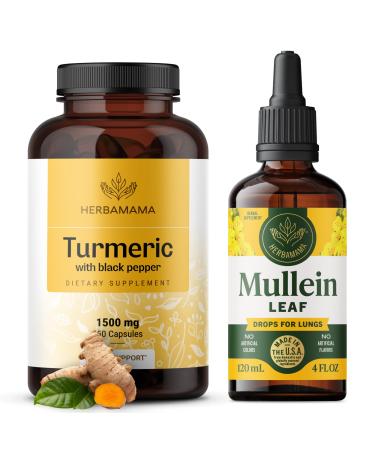 HERBAMAMA Turmeric and Mullein Leaf Kit - Bundle of 1500 mg Turmeric Curcumin Capsules & Mullein Leaf Extract Tincture - Vegan Non GMO Sugar & Alcohol-Free - 2 Pack