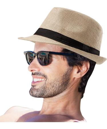 Beige Mens Straw Fedora Hat | Trilby Sun Panama Wool Hat | Size 7 1/4 (58cm) - Buy Online on GoSupps.com