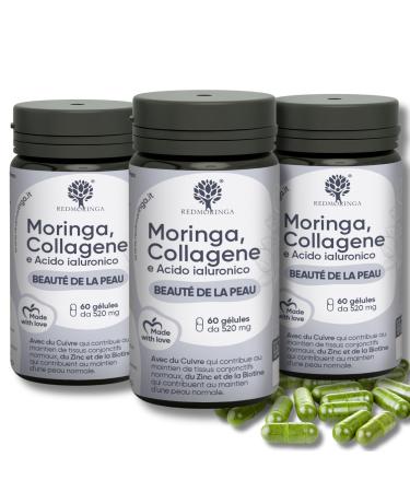 Collagen and Hyaluronic Acid with Copper Zinc Biotin Vitamin A B2 B3 C Moringa Bio | Supplement for Skin and Joints | Anti-Wrinkle | Made in Italy RedMoringa (180 Capsules)