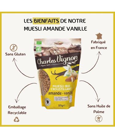 Charles Vignon - Crispy Almond & Vanilla Gluten Free Organic Muesli - Rich in Fiber Resealable Bag of 375g - Made in France - Buy Online on GoSupps.com