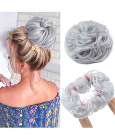 MY-LADY Messy Hair Buns Extensions Scrunchies Thick Hair Pieces Updo Wavy Curly Ponytail Donut Hair Chignons Hairpiece 55g Silver Gray L Silver Gray
