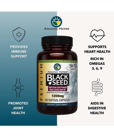 Amazing Herbs Premium Black Seed Oil Capsules - 60 Count 1250mg - Pack of 3 | Cold Pressed Nigella Sativa for Digestive Health, Immune Support & Brain Function - Buy Online on GoSupps.com