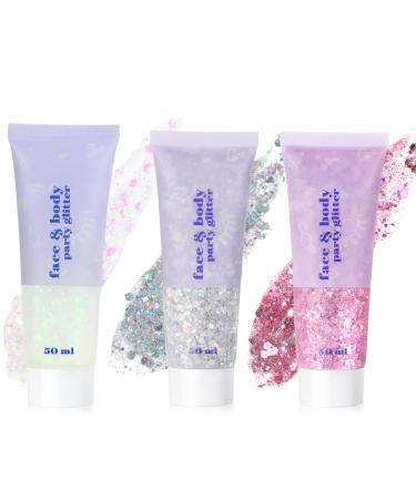 URAQT Body Glitter Gel 3Pcs 50ml Holographic Mermaid Sequins Glitter Chunky Cosmetic Glitter Face Glitter Body Gel Sparkling Festival Party Lotion Glitter for Face Body Eye Hair Nail DIY Art Silver & Pink & White - Buy Online on GoSupps.com