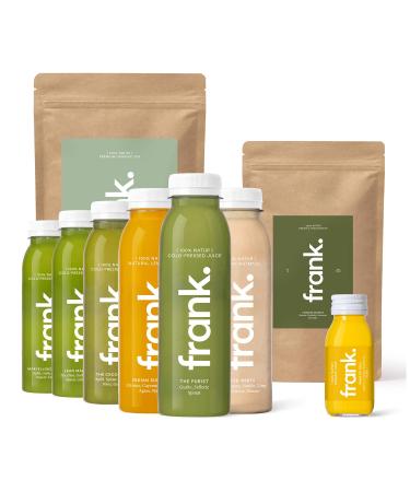 FRANK.7 day juice cure per - 42 cold -pressed vegan juices A 330ml 7 organic gingershots 1 tea and organic broth ideal fasting cure from fresh fruit & vegetables premium quality (including 10.50 deposit) per 7 days