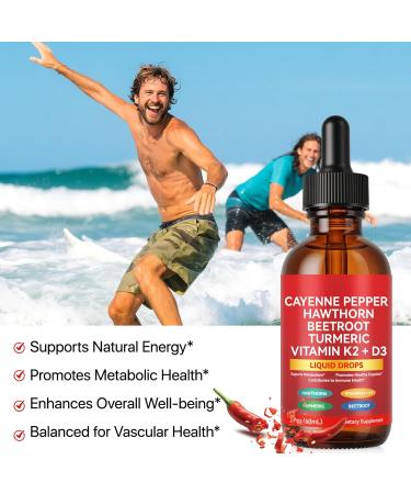 Cayenne Pepper Drops Cayenne Pepper Supplement Liquid Drops + Hawthorn Berry Vitamin K2 & D3 Turmeric Curcumin Beet Root Powder Vegan-Friendly Easily Absorbed - 60ml - Buy Online on GoSupps.com