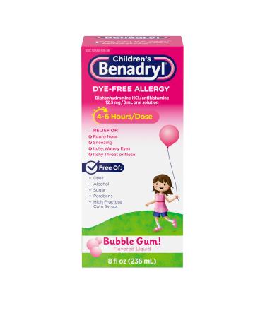 Benadryl Children s Dye-Free Allergy Relief Liquid Allergy Medicine for Kids 12.5 mg Diphenhydramine HCl Antihistamine Relieves Runny Nose & Sneezing Paraben-Free Bubble Gum Flavor 8 fl. Bubblegum 8 Fl Oz (Pack of 1)