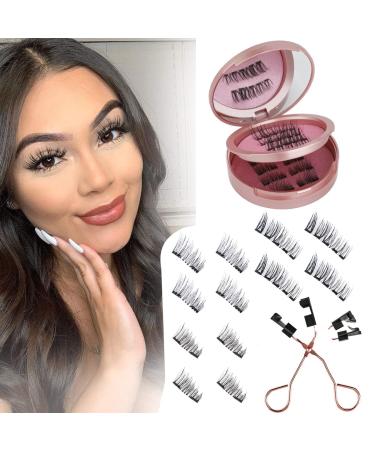 Magnetic Eyelashes without Eyeliner Reusable 3 Pairs False Lashes Natural Look 3D Effect Waterproof Fake Eyelash Set with Applicator Rose