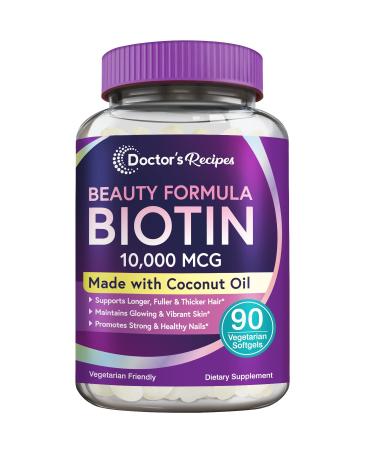 Doctor's Recipes Biotin 10 000 mcg Hair Growth Healthy Skin & Nails Energy Metabolism Vegetarian-Friendly Biotin with Coconut Oil Non-GMO 3 Month Supply 90 Vegetarian Softgels
