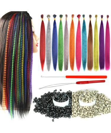 YUDAOHAIR Synthetic Feather Hair Extensions for Women 16 Inch Hairpieces With100pcs Silicone Micro link Beads And 2 Crochet Hooks Hair Feathers with Tools Kit (16''  12 feather mix colors) 16'' 12 feather mix colors