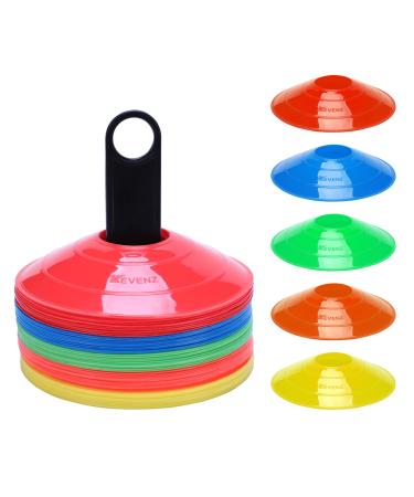 KEVENZ 50-Pack Soccer disc Cones More Thicker More Flexible Multi Color Cone for Agility Training Soccer Football Kids Field Marker Red Yellow Blue Green Orange