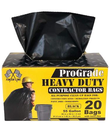 Reli. ProGrade Contractor Trash Bags 55 Gallon (20 Bags w/ Ties) Black 55 Gallon Trash Bags Heavy Duty, Garbage Bags / Construction Bags (2 mil) (55 Gallon - 60 Gallon), Black 20 Count (Pack of 1)