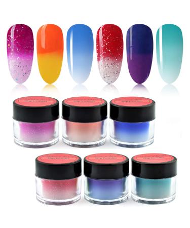 6 Box / Set Temperature Mood Changing Colors Fine Dipping Powder Dip Powder Color Collection, Sun Orange/Yellow, Rose Pink/White Glitter, Green Blue Purple (W-6-12-8-2-1-11-10g/box)